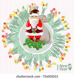 Christmas card. santa claus and bundles of money and balloons. illustration, vector for your design