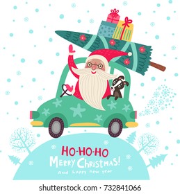 Christmas card. Santa Claus is by car. He travels with a dog. New Year's poster illustration