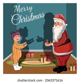 Christmas card. Santa Claus came down from the chimney to give a present for a good girl. Merry christmas and a happy new year. Cozy home with gifts. Happiness. Stock Vector Illustration. Cartoon.