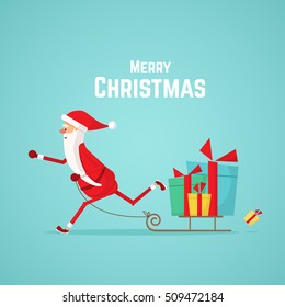 Christmas card with Santa Claus carrying gifts in sled.