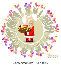 Christmas card. Santa claus with a chocolate cookie. Surrounded with people and balloons. illustration, vector for your design