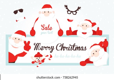 Christmas Card with Santa Claus. Collection of Christmas Santa Claus. Xmas border. Merry Christmas vector text Calligraphic.