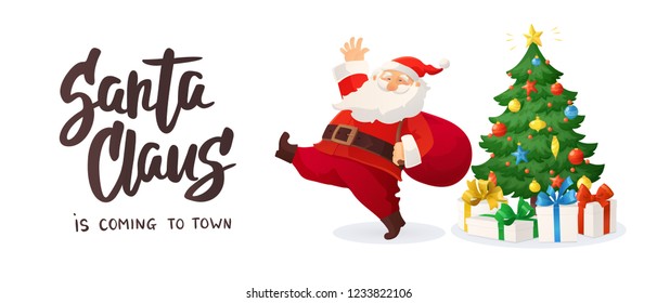 Christmas card. Santa Claus is coming text. Cartoon vector illustration of Santa Claus with a bag. Decorated Christmas tree with presents.Winter holiday design element isolated. Funny retro character.