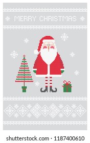 Christmas card with Santa Claus. Cross stitch. Embroidery. Vector pattern.