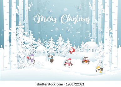 Christmas card with Santa claus and cute penguins in a snow village. Vector illustration.