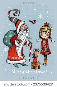 Christmas card.  Santa Claus with a cute girl.    Vector.