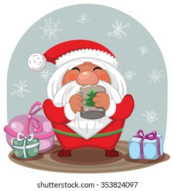 Christmas card with Santa Claus. Cute Santa with cup of coffee. 