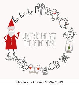 Christmas card with Santa Claus, decorative frame and lettering. Vector trendy illustration on a New Year's winter theme in cartoon flat style.