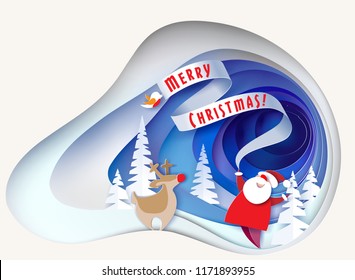 Christmas card. Santa Claus with deer on snowy hill with trees. Winter paper cut craft design. Vector illustration