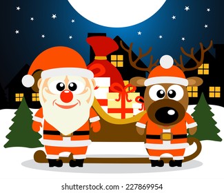 Christmas card with Santa Claus and deer vector