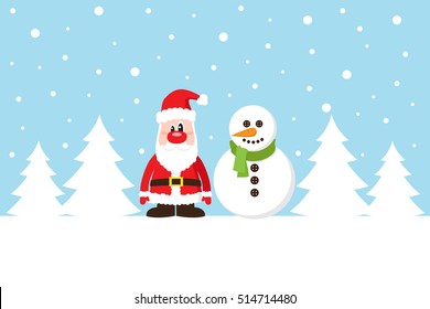Christmas card with Santa Claus and deer on the snow. Vector Illustration