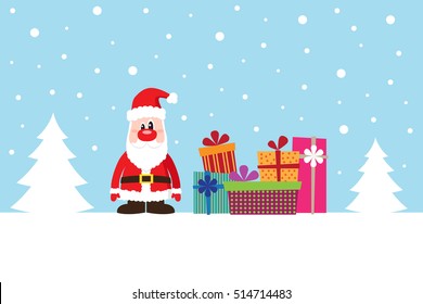 Christmas card with Santa Claus and deer on the snow. Vector Illustration