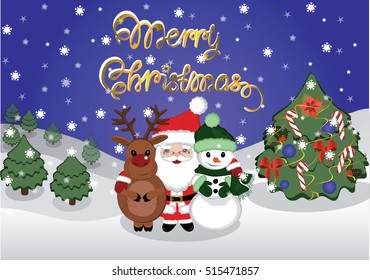 Christmas card Santa Claus with with deer and snowman. Vector illustration.