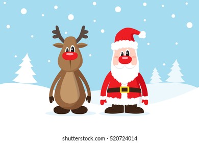 Christmas card with Santa Claus and deer on the snow. Vector illustration.