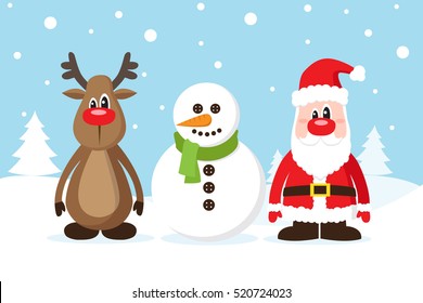 Christmas card with Santa Claus, deer and snowman on the snow. Vector illustration.