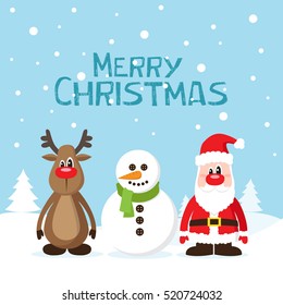 Christmas card with Santa Claus, deer and snowman on the snow. Vector illustration.