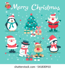 The Christmas card with Santa Claus, deer, gifts, snowman, Christmas tree and penguins. Vector illustration.