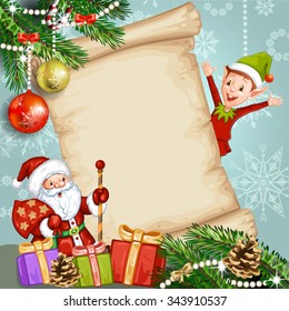 Christmas card with  Santa Claus and elf