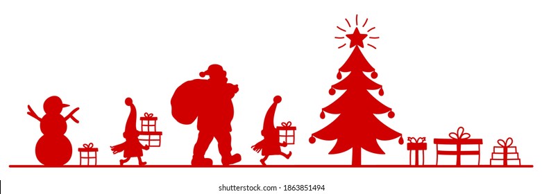 Christmas card with Santa Claus, Christmas elves, snowman, Christmas tree and gifts - vector for stock