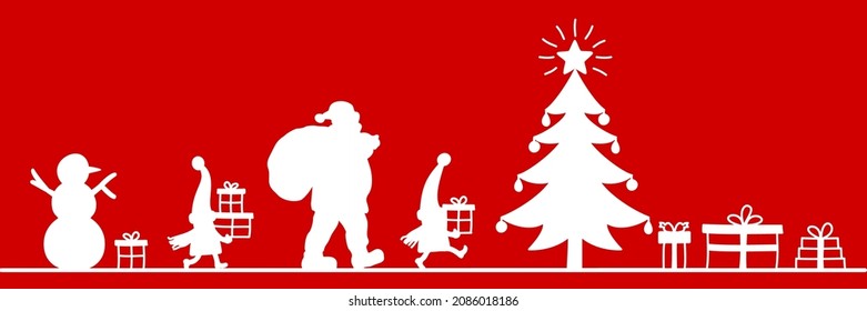 Christmas card with Santa Claus, Christmas elves, snowman, Christmas tree and gifts on red background - stock vector