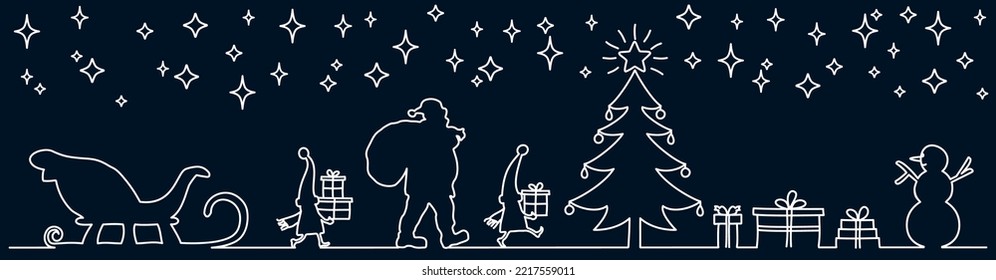 Christmas card with Santa Claus, Christmas elves, snowman, Christmas tree, sleigh, stars and gifts - stock vector