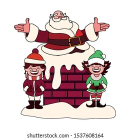 christmas card of santa claus entering the chimney on white background vector illustration design