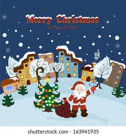 Christmas card with Santa Claus. Evening. Vector illustration
