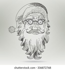 Christmas Card with Santa Claus. Santa Claus Face. Icon. Greeting Card.  Retro Clip Art. Concept illustration. Engraving style. Vector template