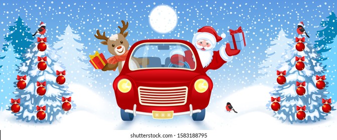 Christmas card with Santa Claus and fawn deer in red vintage car with gift box against winter forest background. New Year design postcard in retro style.