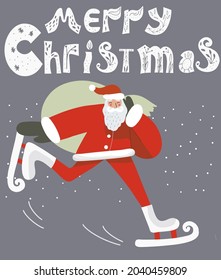 Christmas card Santa Claus flies on skates giving gifts inscription Merry Christmas.