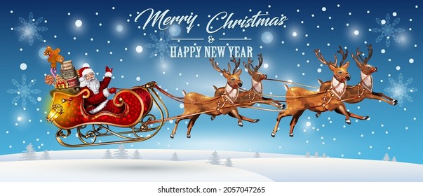 Christmas card with Santa Claus flying in a sleigh with reindeer.Merry Christmas vector illustration.