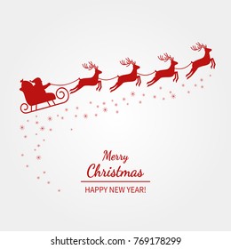 Christmas card - Santa Claus is flying across the sky in a sled with deer. vector illustration isolated 