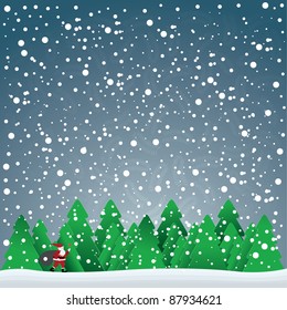 christmas card with Santa Claus in forest and snowflakes in the blue sky, vector illustration