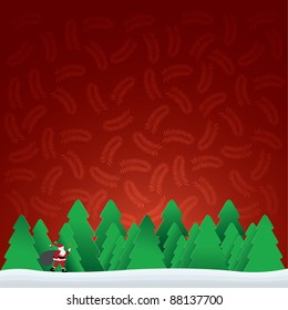 christmas card with Santa Claus in forest, vector illustration