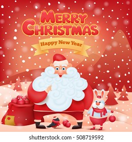 Christmas card with santa claus and funny animals. Vector illustration