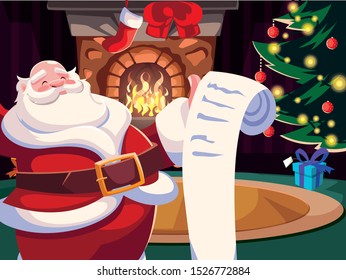 christmas card of santa claus with gift list vector illustration design