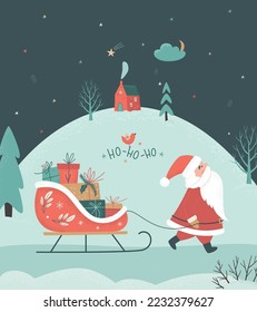 Tarjeta navideña con Santa Claus, cajas de regalo en el paisaje nocturno de los trineos y el invierno. El invierno es tierra de maravillas. concepto de Nochebuena. Ilustración vectorial retro