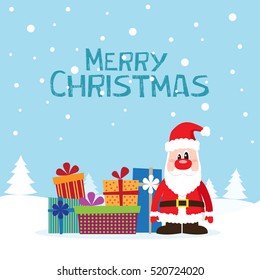 Christmas card with Santa Claus and gifts on the snow. Vector illustration.