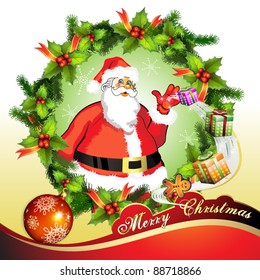 Christmas card, Santa Claus with gifts