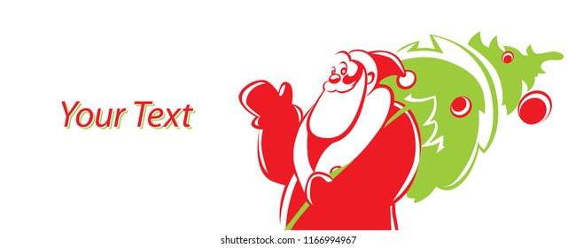 Christmas card with Santa Claus and green christmas tree. Empty place for text. Vector illustration for holiday greeting