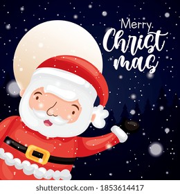 christmas card with santa claus greeting between night with big moon. vector illustration