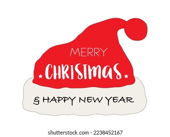 Christmas card with Santa Claus hat,
Christmas hat with wishes in English,
Vector illustration isolated on white background
