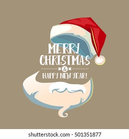 Christmas card with with Santa Claus hat, beard and mustache at retro colored background. Winter greetings symbol. Vector illustration.