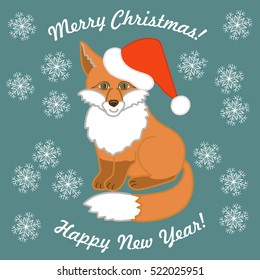Christmas card.Fox in santa Claus hat.Vector