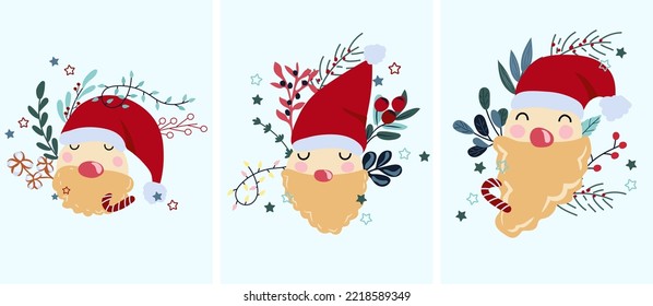 Christmas card with Santa Claus head , with winter berries, colorful leaves, pine branches and other. Concept Christmas and New Year. Perfect for greeting cards, poster, postcard, banner
