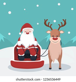 Christmas card of Santa Claus in his sleigh with reindeer in Christmas landscape