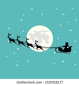 Christmas card of Santa Claus in his sleigh over a beautiful full moon