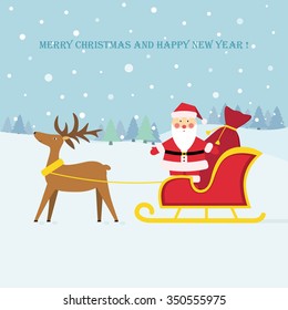 Christmas card with Santa Claus and his reindeer team on the background of snowbound forest.