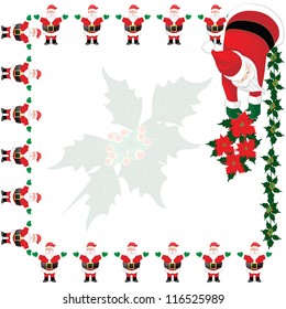 Christmas card with Santa Claus holding poinsettia and mistletoe