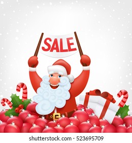 Christmas card with santa claus holding sale banner. Vector illustration